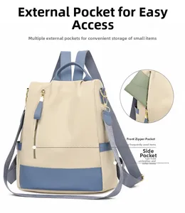 Détail des poches latérales et fermetures dorées du sac à dos nylon bleu et crème