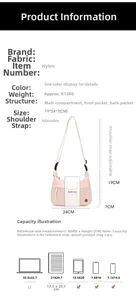 Pink nylon crescent bag with adjustable strap and multiple pockets, weighing only 0.12kg