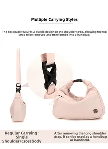 Pink nylon crossbody bag with detachable strap and buckle for versatile carrying styles