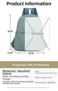 Detail view of light green oxford cloth backpack with dimensions and feature specifications