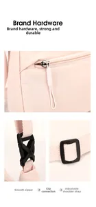 Detail of smooth silver zipper, durable plastic buckle, and adjustable pink strap
