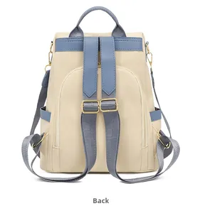 Vue arrière du sac à dos antivol crème et bleu avec détails en métal doré chic