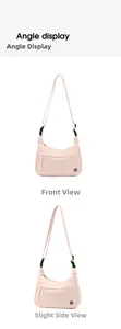 Front and side view of light pink crescent nylon crossbody bag with adjustable strap