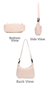 Detailed views of light pink nylon crescent bag showing bottom, side and back with zipper pocket