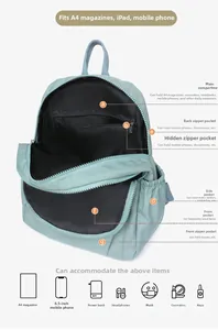 Internal storage layout of mint green water-resistant nylon backpack with multiple compartments