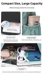Detail view of water-resistant green nylon backpack with organized storage compartments