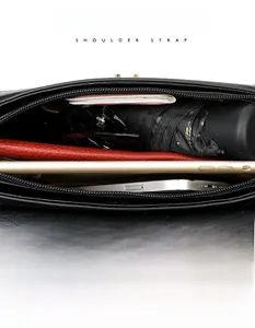 Top-down view of black shoulder bag interior showing spacious capacity for daily essentials