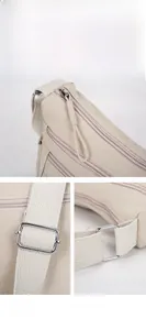 Détails du sac bandoulière en nylon beige avec plusieurs fermetures éclair et boucles métal