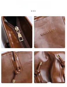 Détails du sac cabas en cuir marron avec fermeture éclair en métal et logo embossé chic