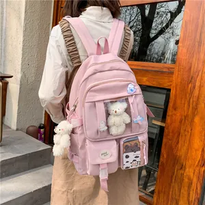 Süßer Koreanischer Stil Mädchen Schulrucksack Oxford-Gewebe Große Kapazität Schüler Schultasche Mit Plüschbär-Anhänger Und Abzeichen Reise Daypack
