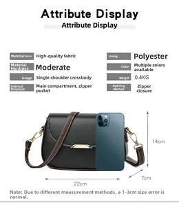 Detailed size chart of black pebbled PU leather crossbody bag with dimensions 22x14x7cm