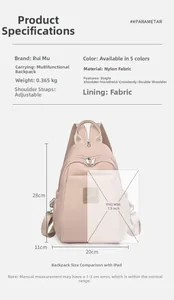 Vue détaillée du sac à dos en nylon rose montrant les dimensions et les multi-usages