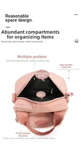 Detail view of the multi-pocket pink nylon shoulder bag showing interior compartments