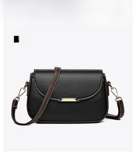 Front view of a black and brown crossbody bag with litchi grain and gold metal buckle