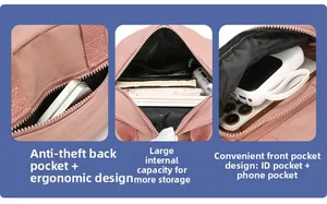 Detail view of pink nylon crossbody bag with multi-layer compartments and anti-theft pocket
