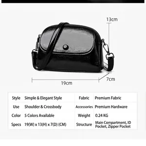 Borsa a tracolla minimalista in vernice nera con dimensioni 19x13x7cm e fibbia in metallo