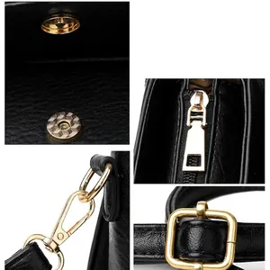 Women black leather handbag featuring high-quality gold hardware details and textures