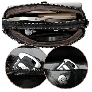 Borsa a tracolla da donna minimalista in pelle nera con scomparti multipli con cerniera