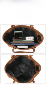 Detailed internal view of brown tote bag showing large capacity and zipper pocket
