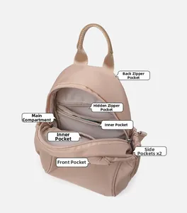 Vue détaillée de l'intérieur du sac à dos rose en oxford avec compartiments organisés
