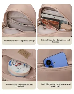 Vue détaillée du compartiment intérieur multiple et de la poche antivol arrière du sac à dos rose