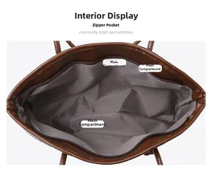 Vue intérieure du sac cabas marron avec compartiment principal et poche zippée interne