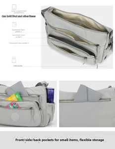 Detailed view of grey nylon crossbody bag with multi-pocket storage and large capacity