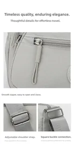 Detail of smooth zipper closure and adjustable nylon strap on gray crossbody bag