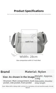 Detailed dimension chart showing light grey nylon crossbody bag compared to a 9.7-inch iPad