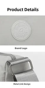 Close-up of waterproof nylon bag with brand logo and silver metal hardware link