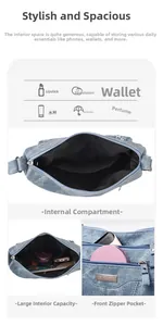 Blue denim shoulder bag featuring multiple internal compartments and front zipper pocket