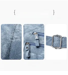 Detail of blue denim textured crossbody bag featuring metal zippers and precision stitching
