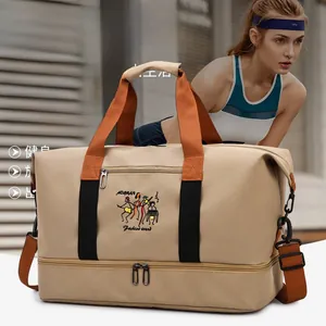 Large capacity travel bag in khaki canvas with orange shoulder strap and separate shoe compartment