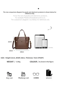 Brown leather tote bag size dimensions 28x22x10cm showing capacity for daily essentials