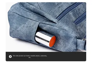 Detail of blue denim shoulder bag side pocket showing storage for umbrellas or bottles