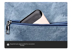 Close-up of blue soft leather bag back zipper pocket with an electronic device inside