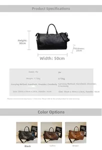 Detaillierte Zeichnung der PU Reisetasche mit Maßen und verfügbaren Farben