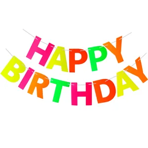 Close-up of colorful neon Happy Birthday banner flags with vibrant fluorescent letters
