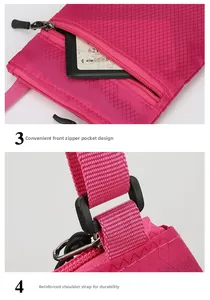 Vue détaillée du sac bandoulière magenta avec poche zippée et texture en maille losange