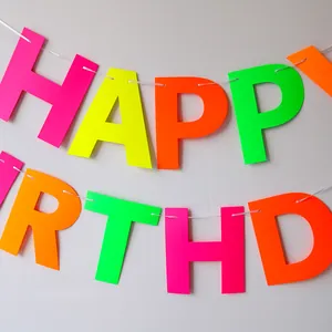 Neon Happy Birthday banner with fluorescent paper letters for party wall decoration