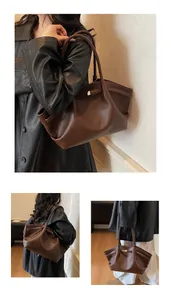Three lifestyle views of a large dark brown leather tote bag worn by a model