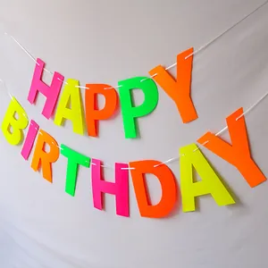 Neon HAPPY BIRTHDAY banner in fluorescent colors for vibrant party decorations