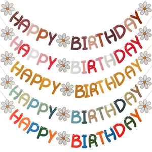 Daisy Happy Birthday Paper Banner Garland For Kids Birthday Party Decoration Floral Bunting Banner Hanging Decor Photo Props
