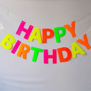 Neon HAPPY BIRTHDAY banner with fluorescent pink, green, and orange letters for party decor