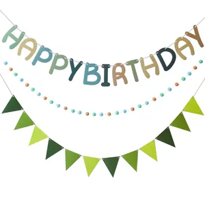 Three-piece forest theme felt Happy Birthday banner set with pom poms and triangles
