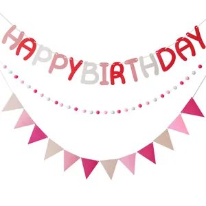 Colorful pom pom Happy Birthday banner set with felt triangle flags for party decor