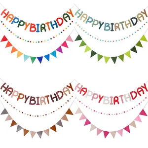 Colorful felt pom pom and letter Happy Birthday banner set in four vibrant styles
