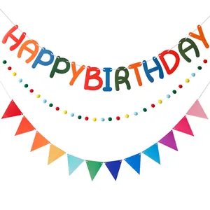 Colorful Happy Birthday felt banner set with pom pom garland and rainbow pennant flags