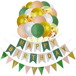 Set decorazioni compleanno verde salvia con striscioni dorati e palloncini vari