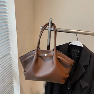 Women Minimalist PU Leather Tote Bag Lychee Texture Underarm Shoulder Bag Large Capacity Solid Color Handbag Commuting Office Retro Style